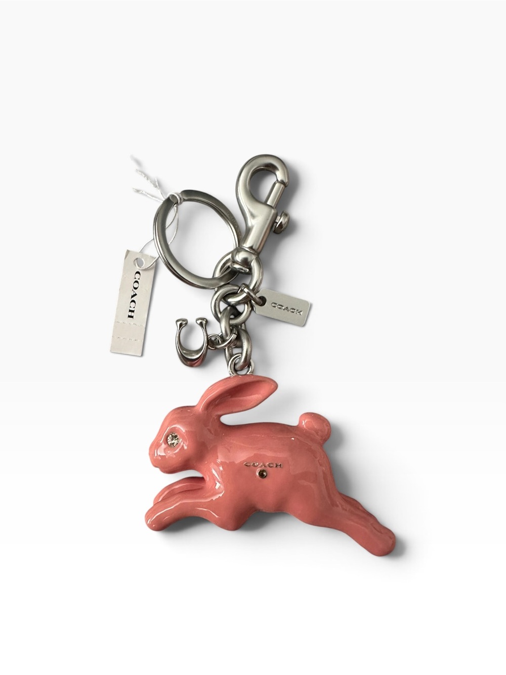 NWT Coach Pink Enamel Rabbit Bag Charm Keychain Silver Hardware Crystal Eye